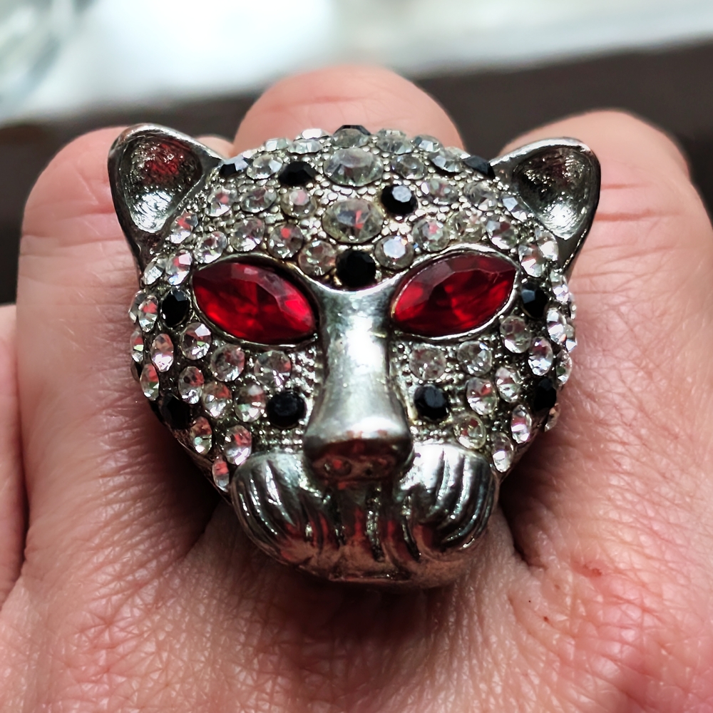 Silver and Red Panther Ring